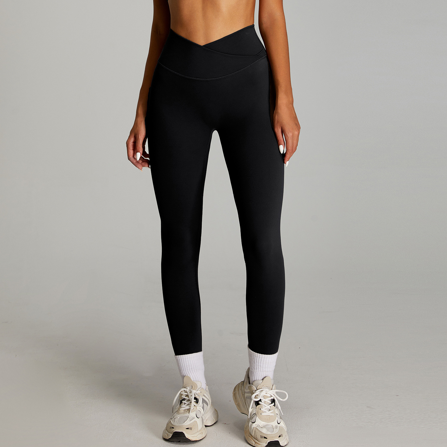Pantalones deportivos de cintura alta desnudos transfronterizos, pantalones deportivos ajustados de secado rápido para mujer, cintura cruzada, abdomen, caderas, pantalones de yoga