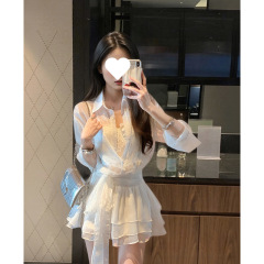 2025新款高级感纯欲显瘦白色衬衫裙内搭蕾丝抹胸连衣裙子套装女夏