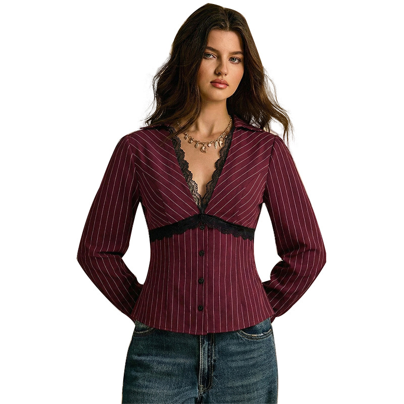 Women's Slim Fit Striped Long Sleeve Shirt Sexy Lace Top Casual Elegant Fashion Blouse For Autumn/Winter American Style_ecoleips.com
