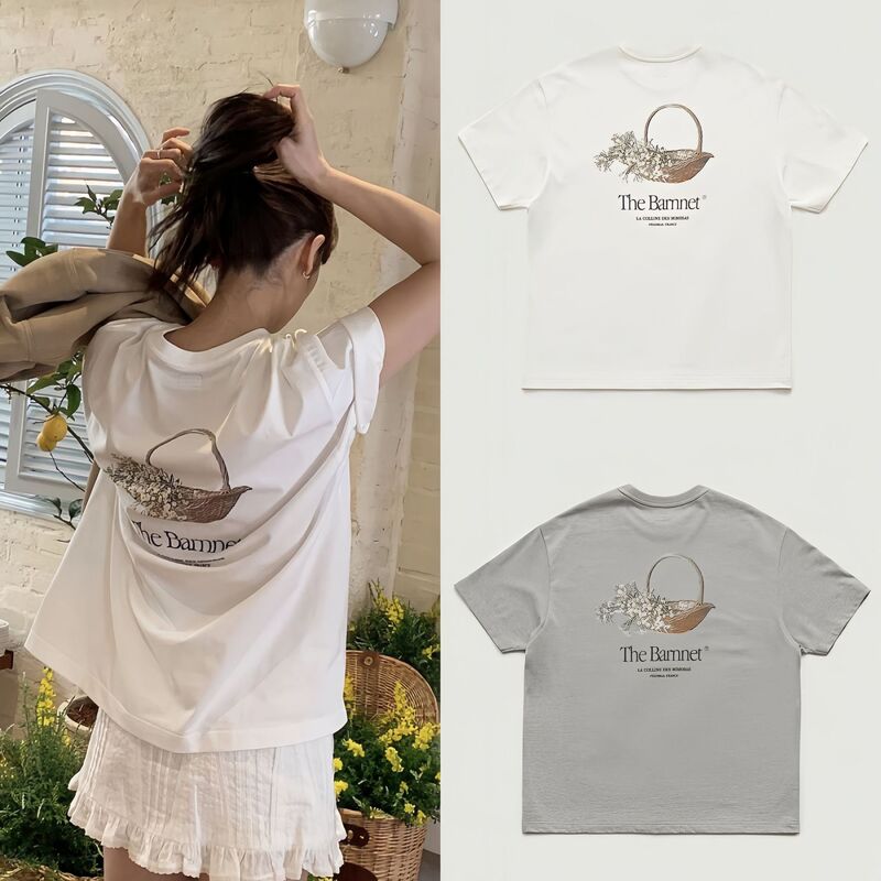 In Stock Korean Dongdaemun Spring/Summer Style Eight-Breasted Back Floral Basket Pattern Printed Unisex Couple Short-Sleeve T-Shirt Top