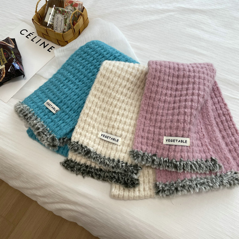 韩版马卡龙色系毛毛拼接毛线围巾女冬季加厚保暖纯色针织围脖学生