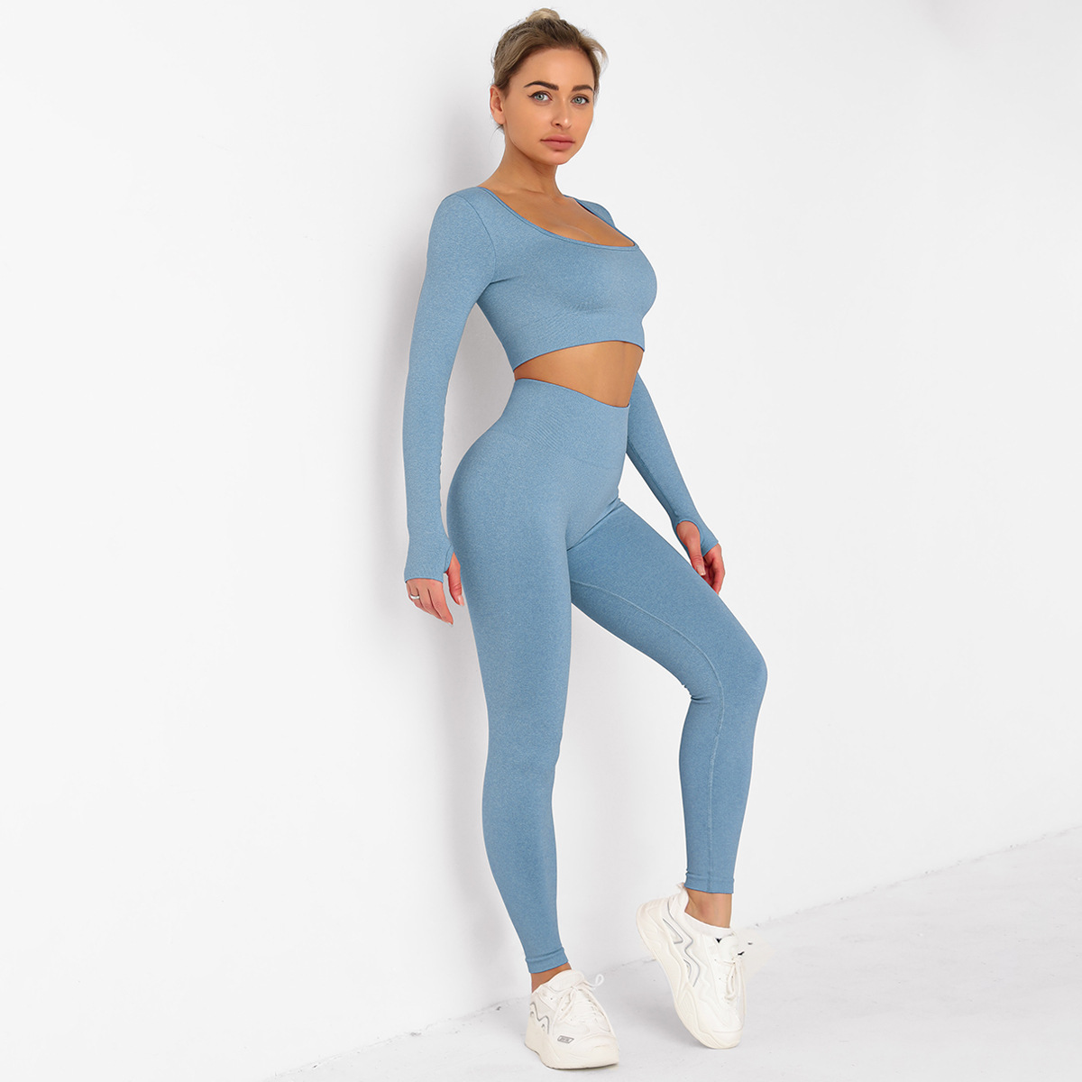 wholesale clothing vendor Nihaostyles seamless knitted tight-fitting yoga suit sexy casual running sports buttocks gym set NSLX67216