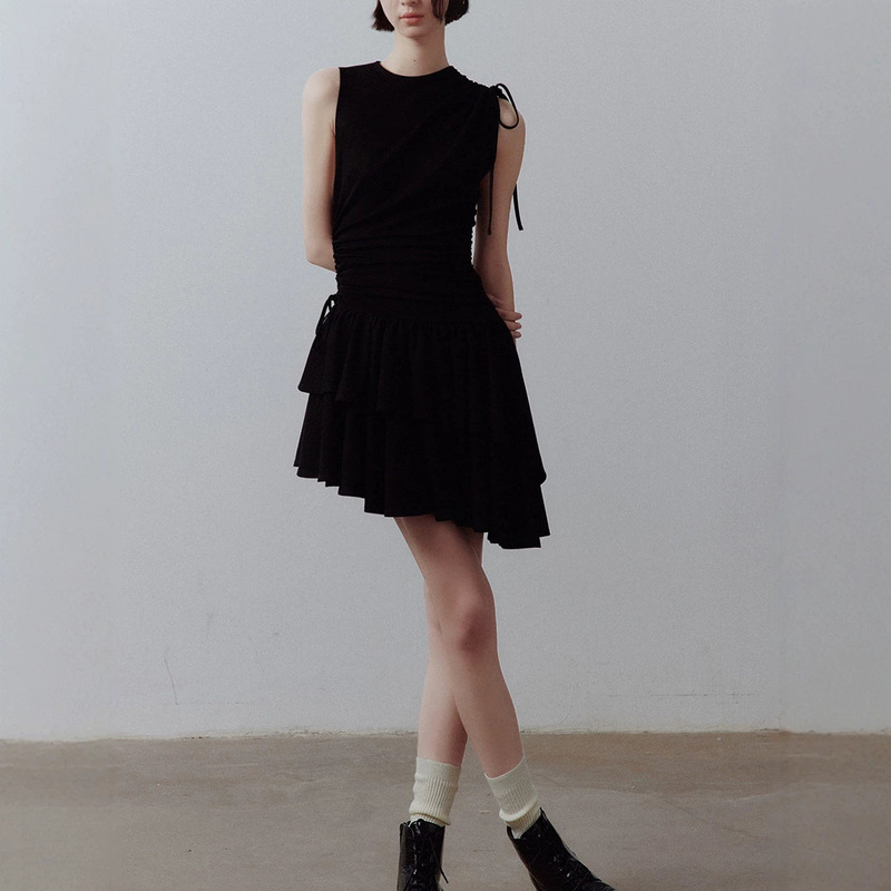 FUSD Air Ballet_Soft and Fluffy Touch_Deconstructed Design_Pure Black Asymmetrical Knit Dress FUSD Air Ballet_Soft and Fluffy Touch_Deconstructed Design_Pure Black Asymmetrical Knit Dress