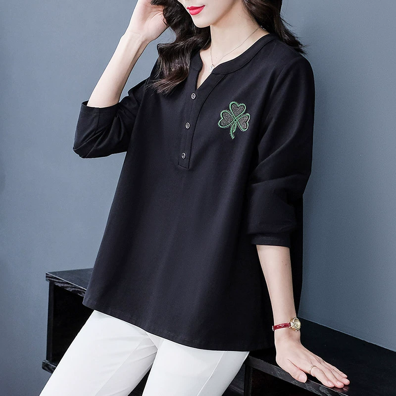 Свободная вязаная Тяжелая футболка больших размеров для женщин среднего и пожилого возраста на весну и лето с длинными рукавами и вышивкой со стразами, повседневная верхняя одежда