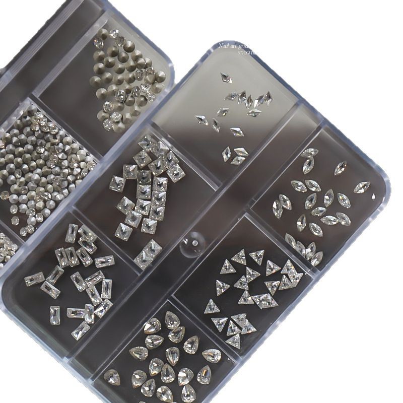 Celebridades de Internet de lujo ligero 5A joyería de uñas de alta calidad de alta transparencia plata y blanco chapado en el fondo circonita de punta redonda caja de subensamblaje de 6 compartimientos uñas DIY
