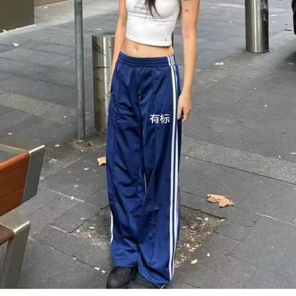 Three-Stripe Silk Velvet Mall Clearance Sports Pants Unisex Wide-Leg Long Pants Straight Casual Pants 3817