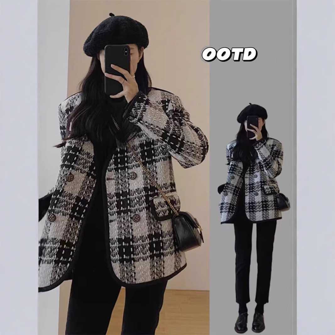Chanel Style Elegant Tweed Coat Women's Autumn and Winter Slimming Socialite High Sense Plaid Casual Loose Suit Top