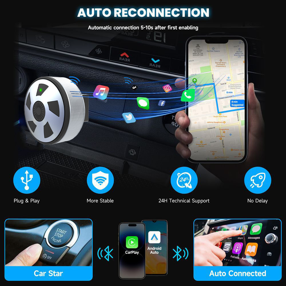 New Carplay Box with Wheel-Style Design, Wired to Wireless Android Auto Two-In-One Wireless Adapter