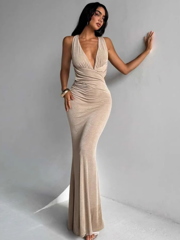 Summer Sexy Backless Hollow Out Long Dress V Neck Slim Fit Glitter Women's Fashion Elegant Dress_ecoleips.com