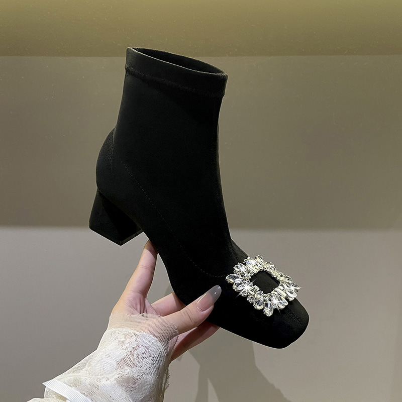 洋气方扣水钻短靴女粗跟瘦瘦靴弹力靴秋冬韩版尖头绒面气质高跟鞋