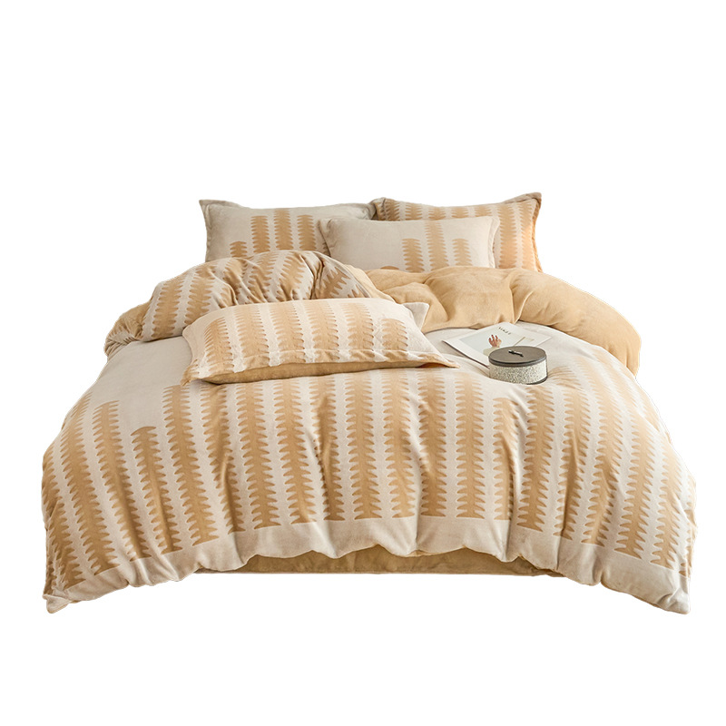 2025 nuevo invierno de invierno engrosado de cama de lana de coral tallado de lana de leche de cuatro piezas conjunto de sábanas de franela cubierta