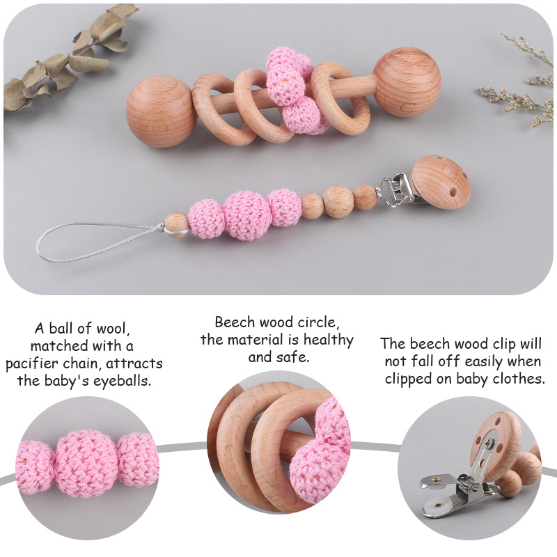Nuevo bebé suministros Beech Rattle teether juguete calmante bebé bola de lana cuentas de madera pezón cadena traje
