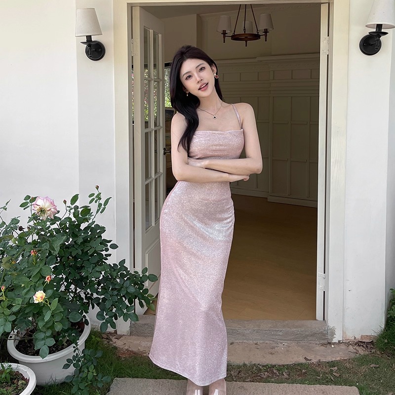 Birthday Dinner Hepburn-Style Dress, High-End Slim-Fit Slit Backless Solid Color Spaghetti Strap Fishtail Long Dress for Women