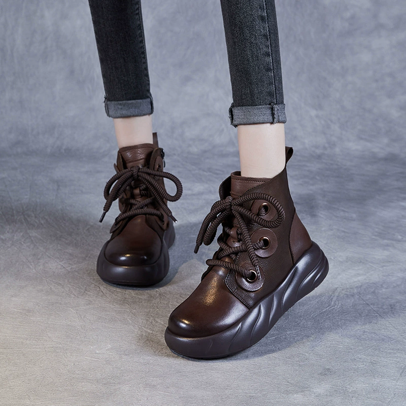 Короткие сапоги из воловьей кожи с толстой подошвой, универсальные Женские ботинки в стиле ретро, Новые осенне-зимние Ботинки Martin на флисовой подкладке на среднем каблуке на танкетке