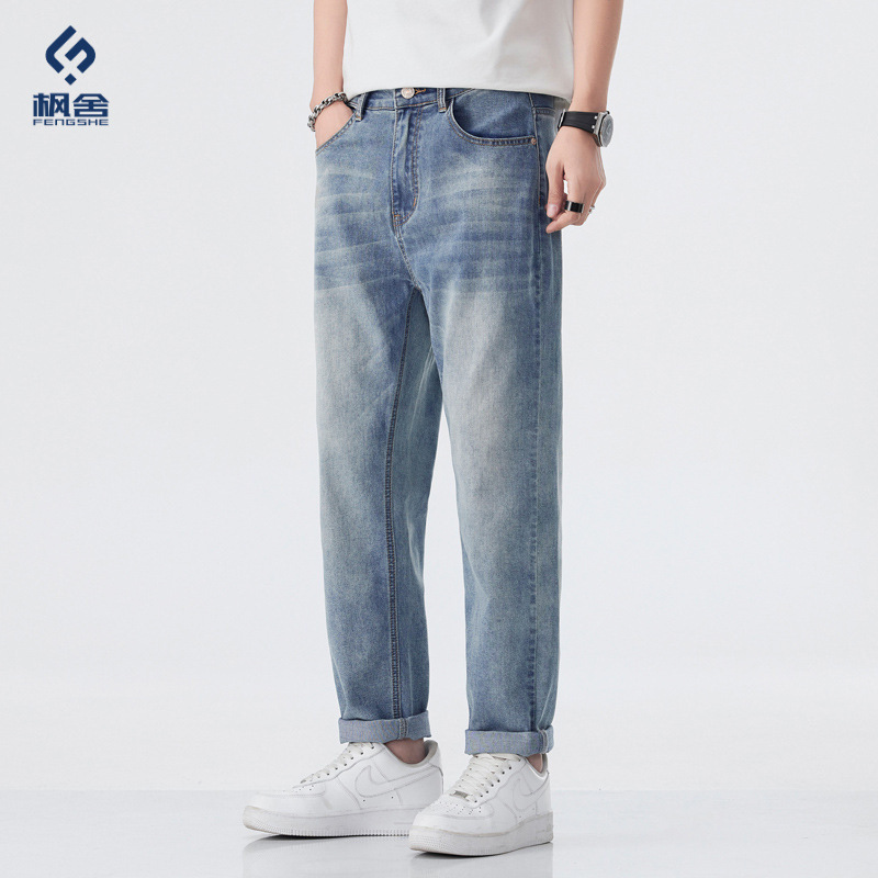 Fengshe Men's Clothing /2026 Summer New Men's Style Loose Ice Silk Cotton Thin Jeans Men's Stretch Tapered Long Pants