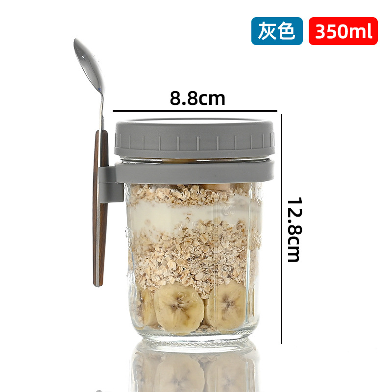 Taza de avena portátil durante la noche al por mayor taza de agua con cuchara con cubierta taza de desayuno taza de ensalada de vidrio taza de yogur