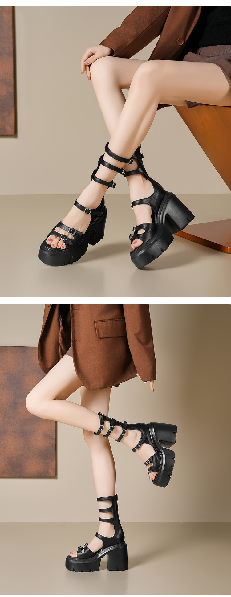 Boot sandal nữ cổ thấp đế dày gót 12 cm khóa thắt lưng — Màu đen chi tiết 10