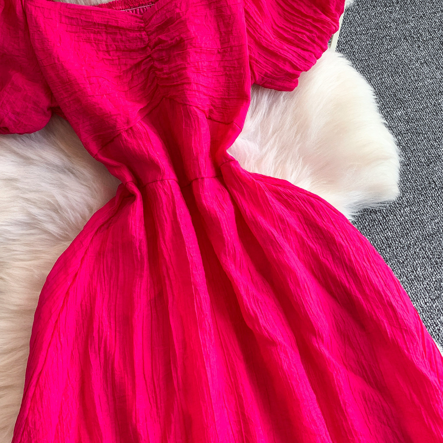 Women's French Style Elegant Square Neck Puff Sleeve Dress Casual Slit Long Skirt Pleated Waist Slimming Summer Style_ecoleips.com