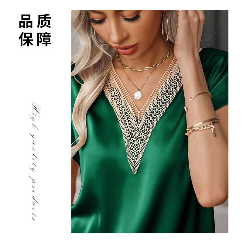 Nueva camiseta de encaje con cuello en v Camiseta de manga corta suelta de satén para mujer Estilo de viaje transfronterizo Ropa de mujer de Amazon europea y americana image 4
