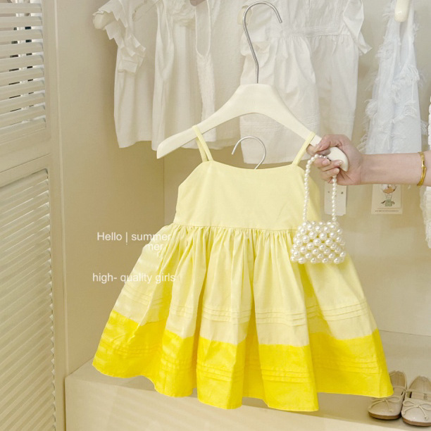 [Xianning Seven] Vestido amarillo limón de moda de verano para niñas, falda de tirantes de estilo occidental para bebés, falda dulce coreana, marea