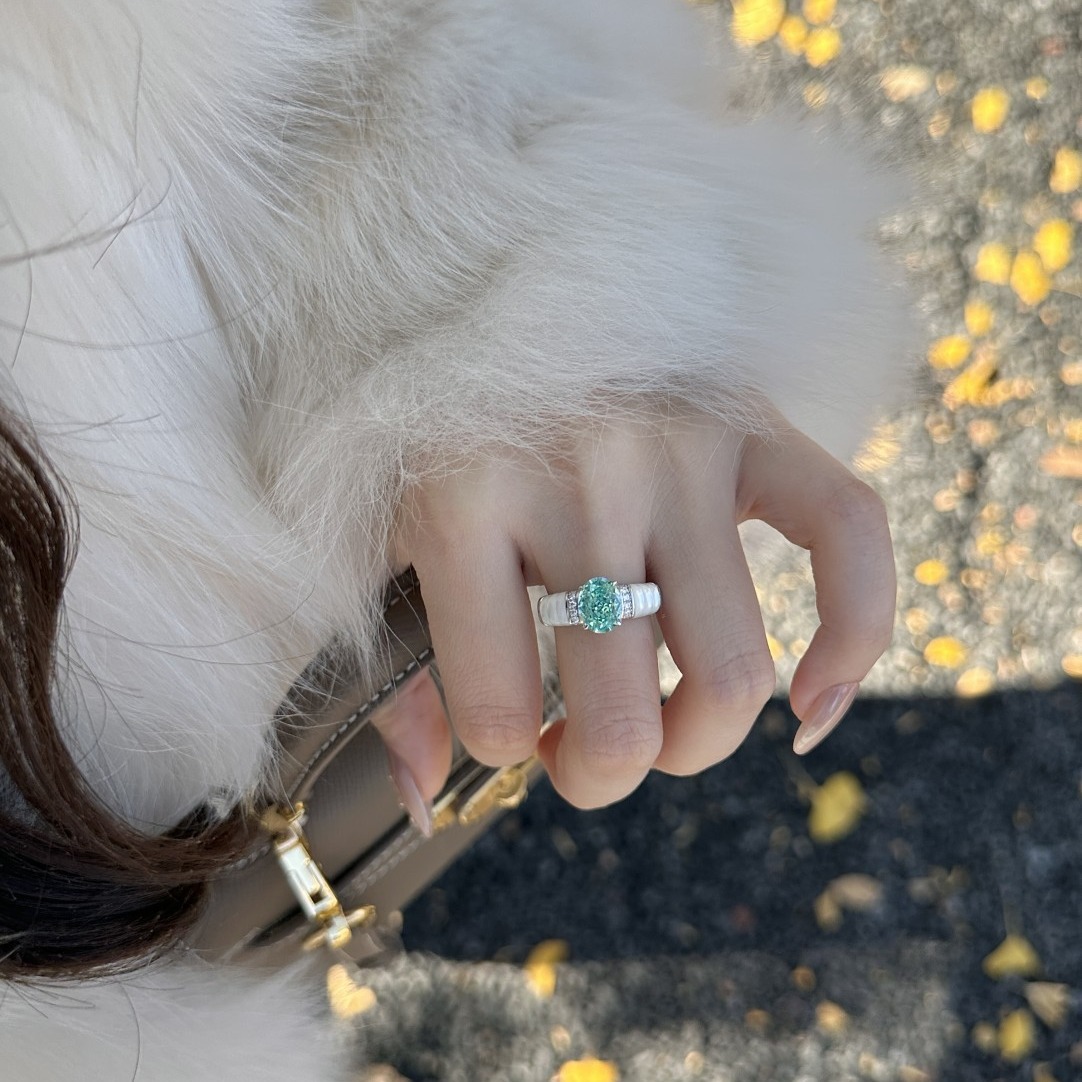 Bague en or véritable plaqué argent pur Paraiba White Beimu Full Body S avec diamants à extrémité fermée en direct en exclusivité_voghion.com