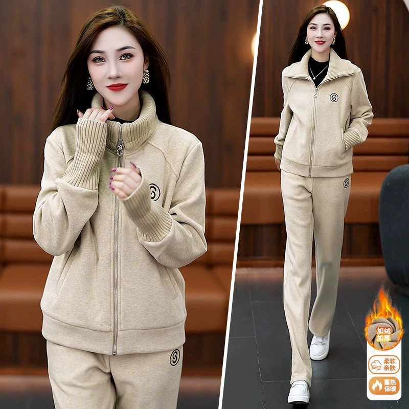 Высококачественный имитационный кашемировый костюм женский осень и зима 2024 новый модный бархат утолщение свитера с капюшоном