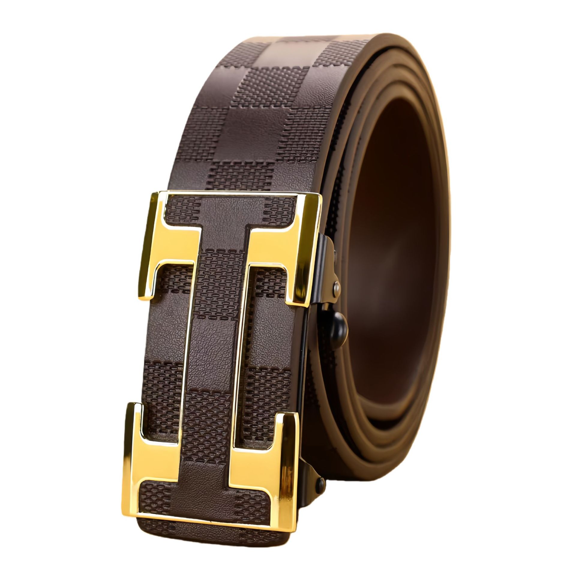 New Men's Leather Belt Business Waist Belt Checkered Pattern Toothless Automatic Buckle Casual Versatile Waist Belt
