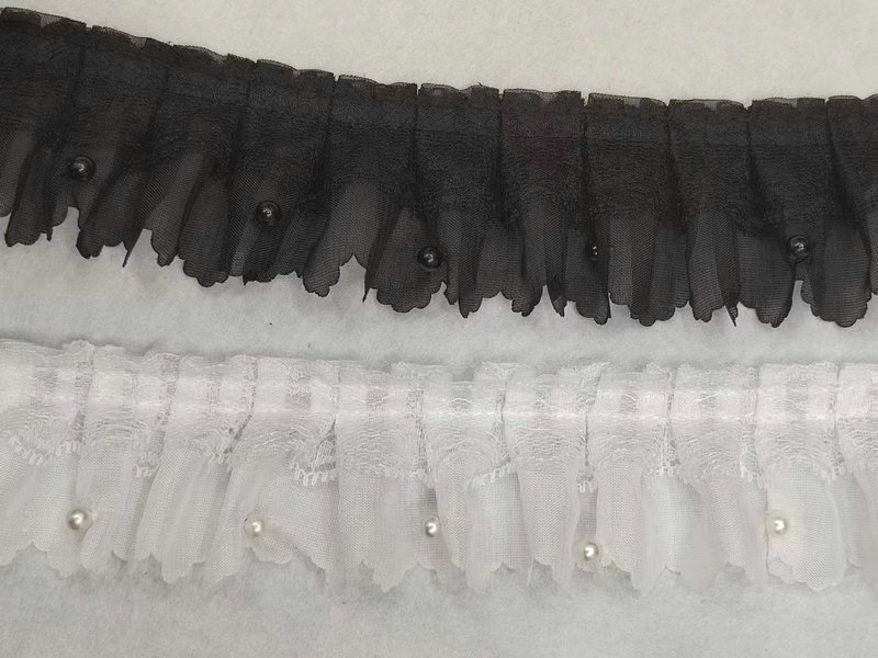 现货供应 5cm宽 雪纺压花蕾丝打工字钉泡珠花边 雪纺蕾丝钉珠花边