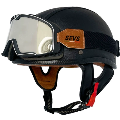 Motosiklet kaskı (dəbilqə) — half helmet electric motorcycle portable - black-flat-leather-helmet-large-frame-goggles-m