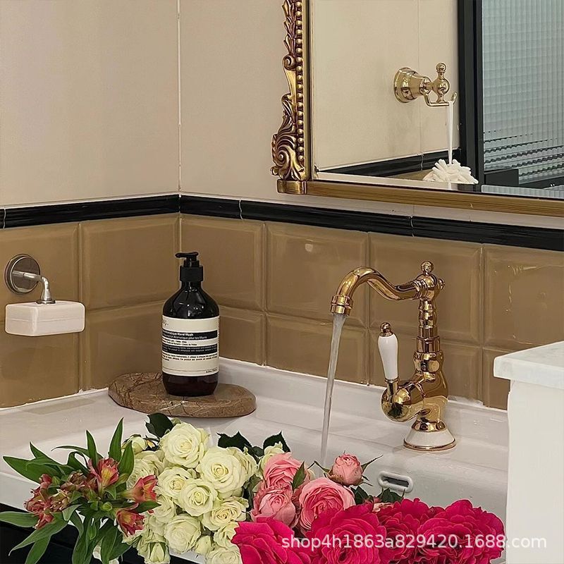 French Retro Faucet Brass Basin Wash Basin Faucet Classical Bathroom Golden Ceramic Handle Hot and Cold Water Head