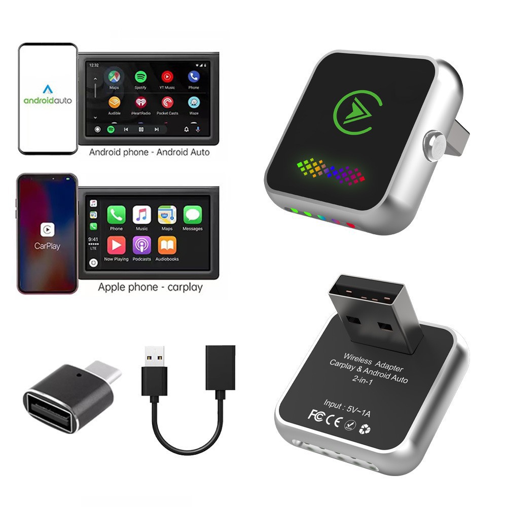 CarPlay box upgraded version with one-click ambient light switching, wired to wireless, Android two-in-one car adapter