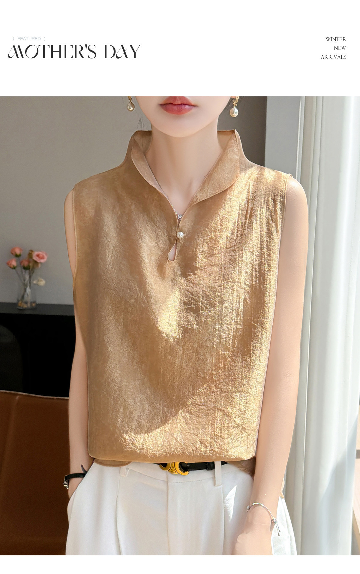 Áo sơ mi không tay cổ lật nữ chất tơ tằm phong cách quốc gia — Champagne màu chi tiết 17
