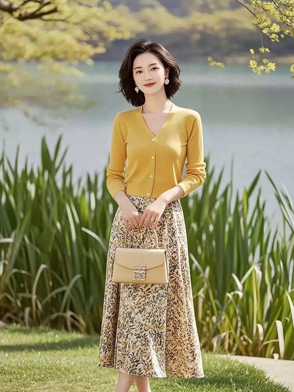 小个子黄色针织衫碎花半身裙两件套女2025春季新款超好看时尚套装|undefined