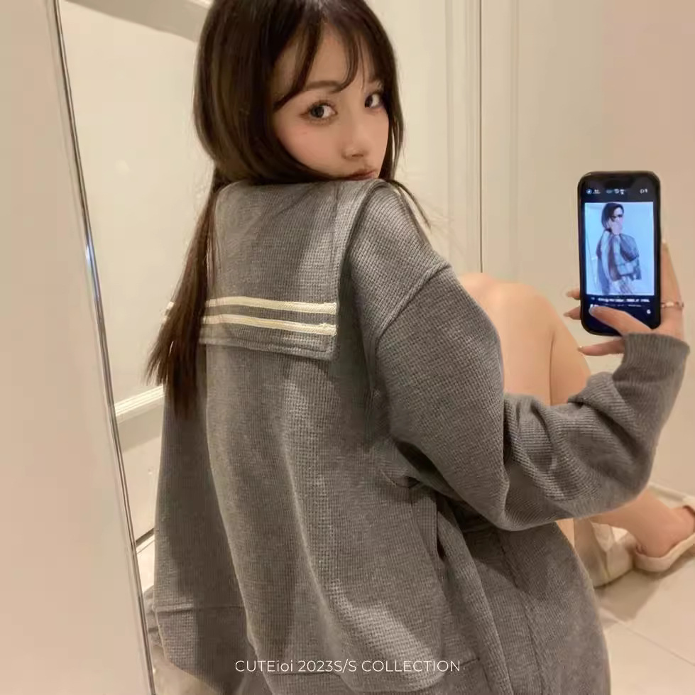 대학 해군 칼라 스웨터 여성의 가을과 겨울 코트 긴팔 캐주얼 니트 카디건 느슨한 게으른 대학 패션