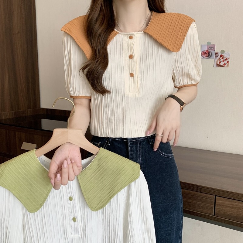 Contrast Color Doll Collar Cardigan Shirt Summer 2022 New Loose Fashion Short Long Sleeve Shirt Top Women chic