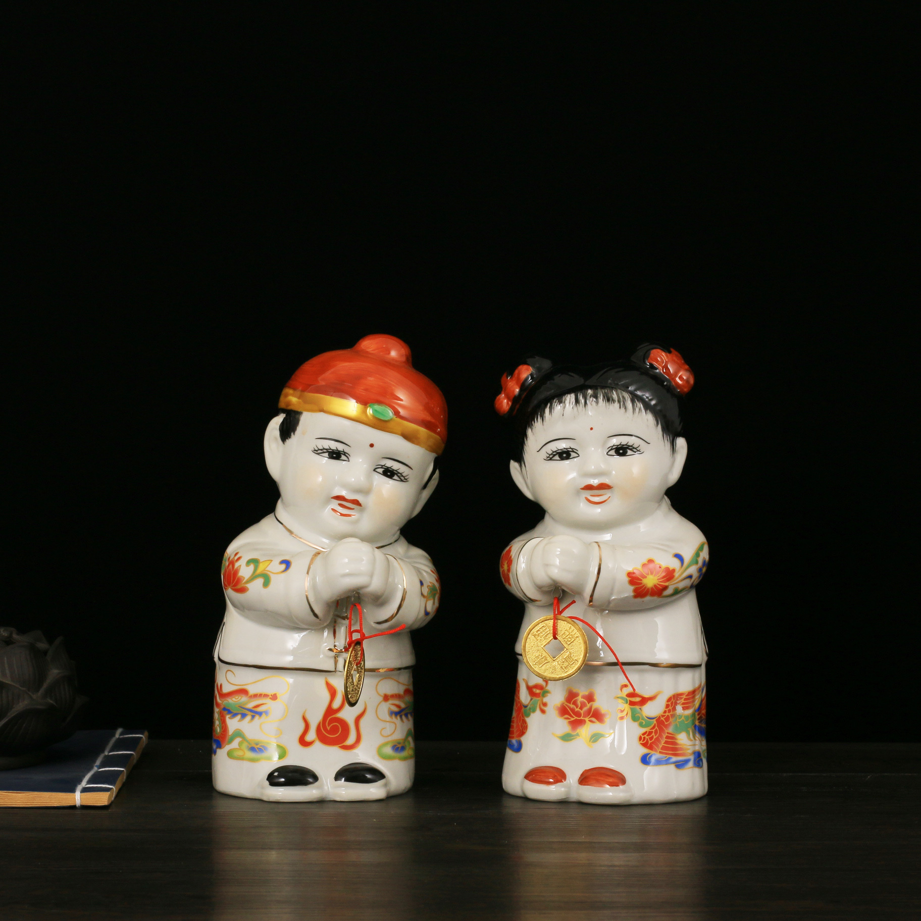 童男童女喜庆摆件中式善财童子新房装饰结婚礼品陶瓷娃娃工艺品