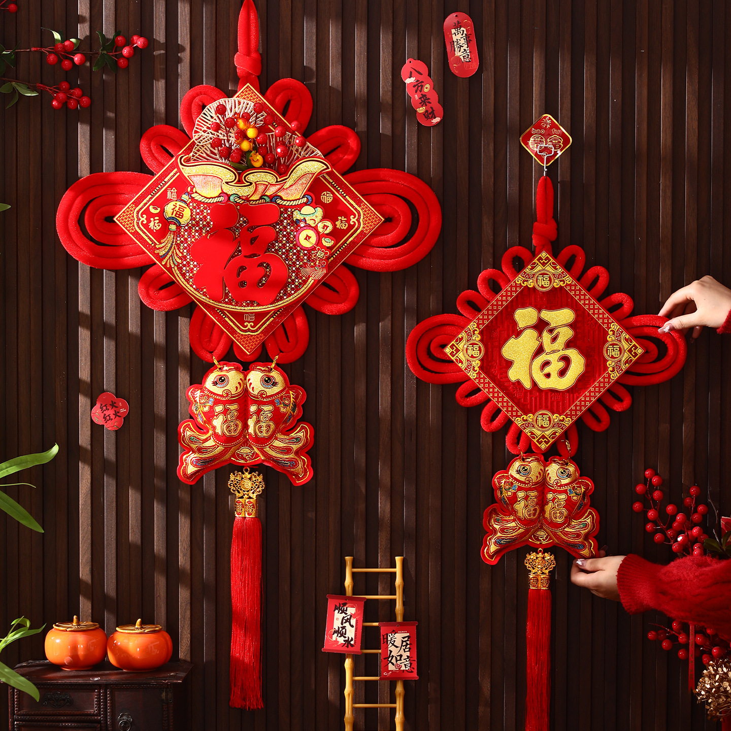 2026 new chinese knot fu character pendant chinese new year living room ornaments high-end large background wall new year decoration