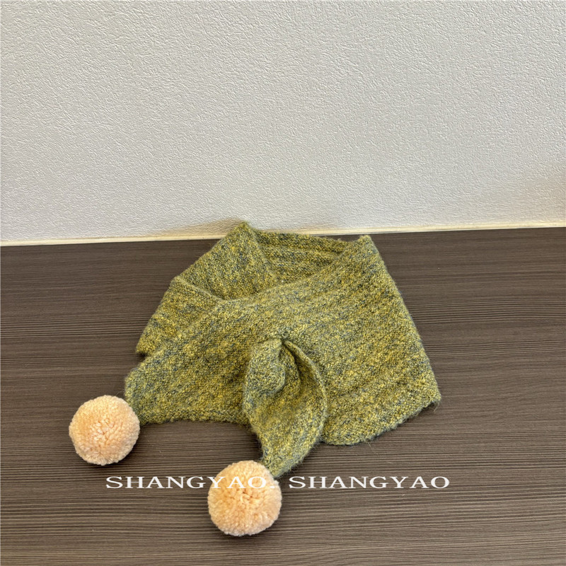 儿童围巾秋冬针织三角巾纯色百搭保暖男女宝宝时髦毛球小披肩围脖|undefined