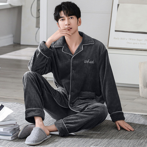 New Men's Winter Milk Fleece Long-Sleeve Thickened Large Size Simple Men's Pajama Home Suit Set