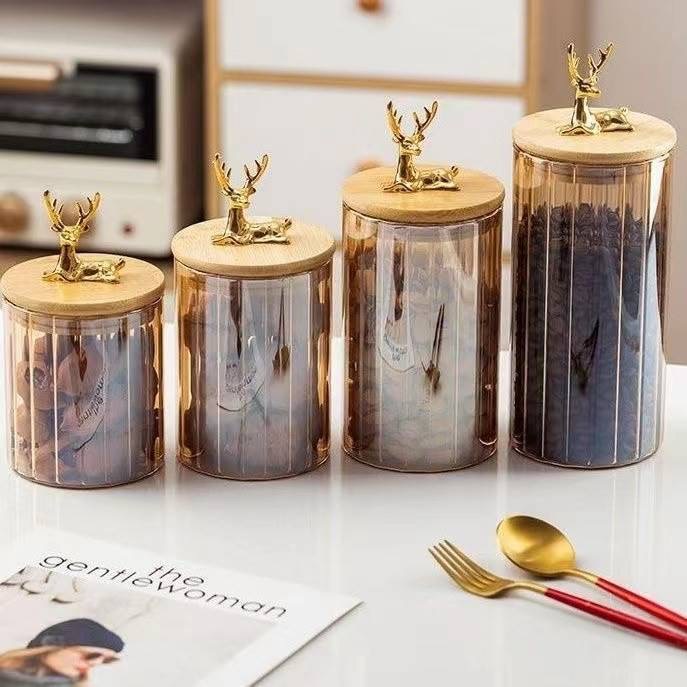 Factory-direct new arrival striped glass jars with deer head seals—high borosilicate storage bottles, Amazon-exclusive glass containers