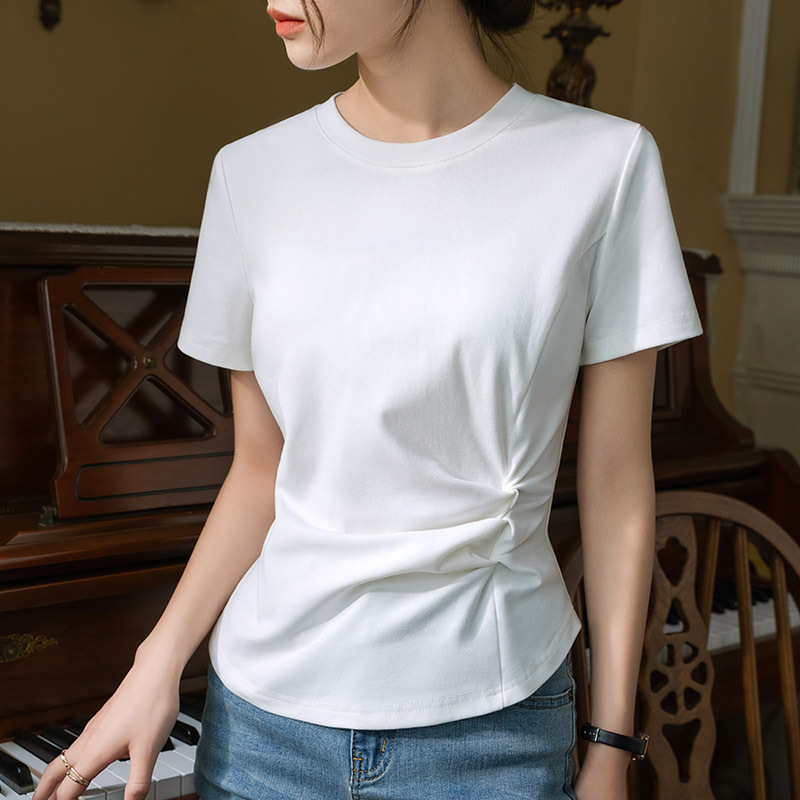Camiseta de manga corta para mujer verano 2023 nuevo hombro de cuello redondo Mujer color sólido diseño Camiseta de algodón plisado cintura superior