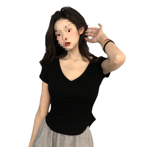 Pure Desire V-Neck Short-Sleeve T-Shirt for Women - Summer 2024 New Style Fitted Slimming Hot Girl Short Length Top