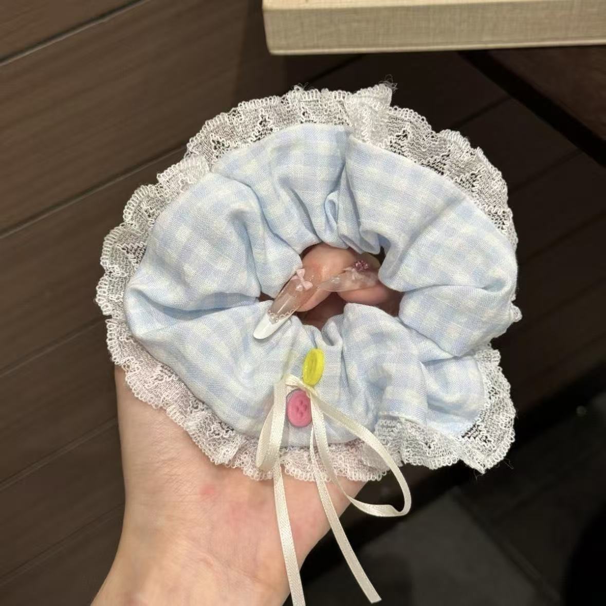 Al hair Ring No. 33 - Blue Ring Pink Yellow Button