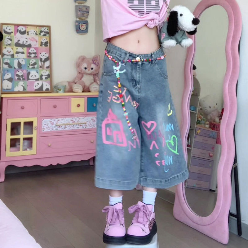 Dopamine Pink Graffiti Hot Girl Denim Capri Pants Women's 2025 Summer New Wide Leg Loose Straight-Leg Pants