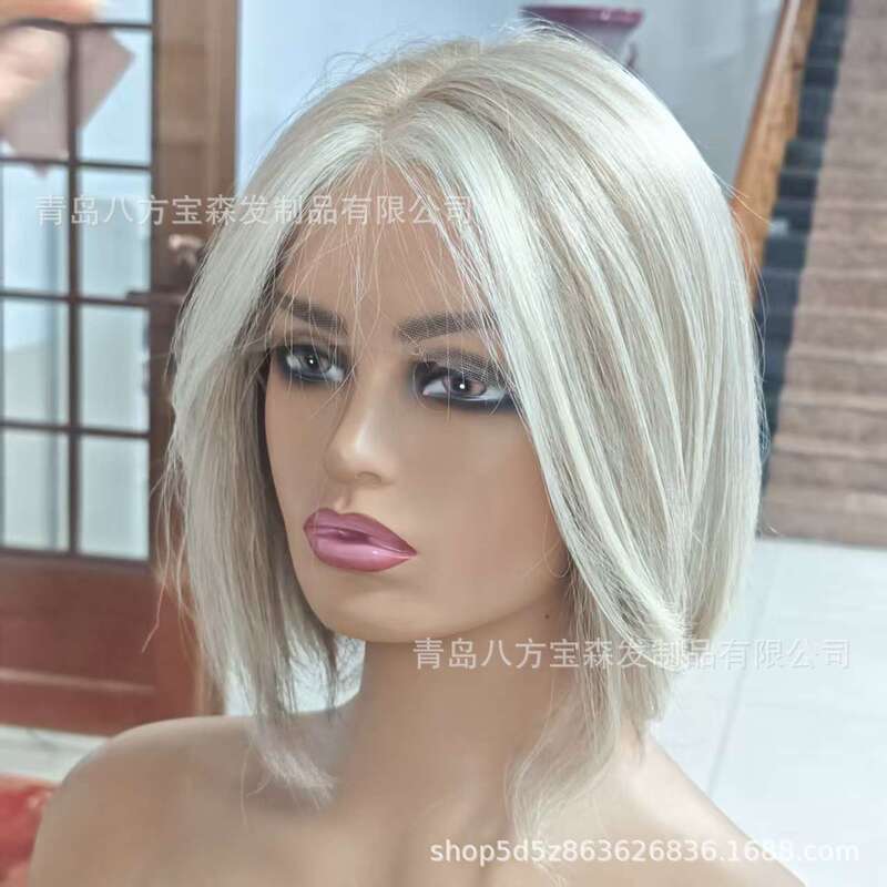 Jewish Lace Front Layered Short Hair with Gradient Highlights, Caucasian Wig, Jewish Wig, Braided Hair, White Real Hair Jewish Lace Front Layered Short Hair with Gradient Highlights, Caucasian Wig, Jewish Wig, Braided Hair, White Real Hair