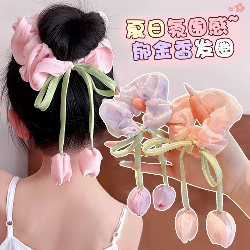 Yu Shuxinと同じスタイルのチェック柄チューリップヘアゴム、女性用韓国風優しい高弾性ポニーテールボールヘアロープ|undefined