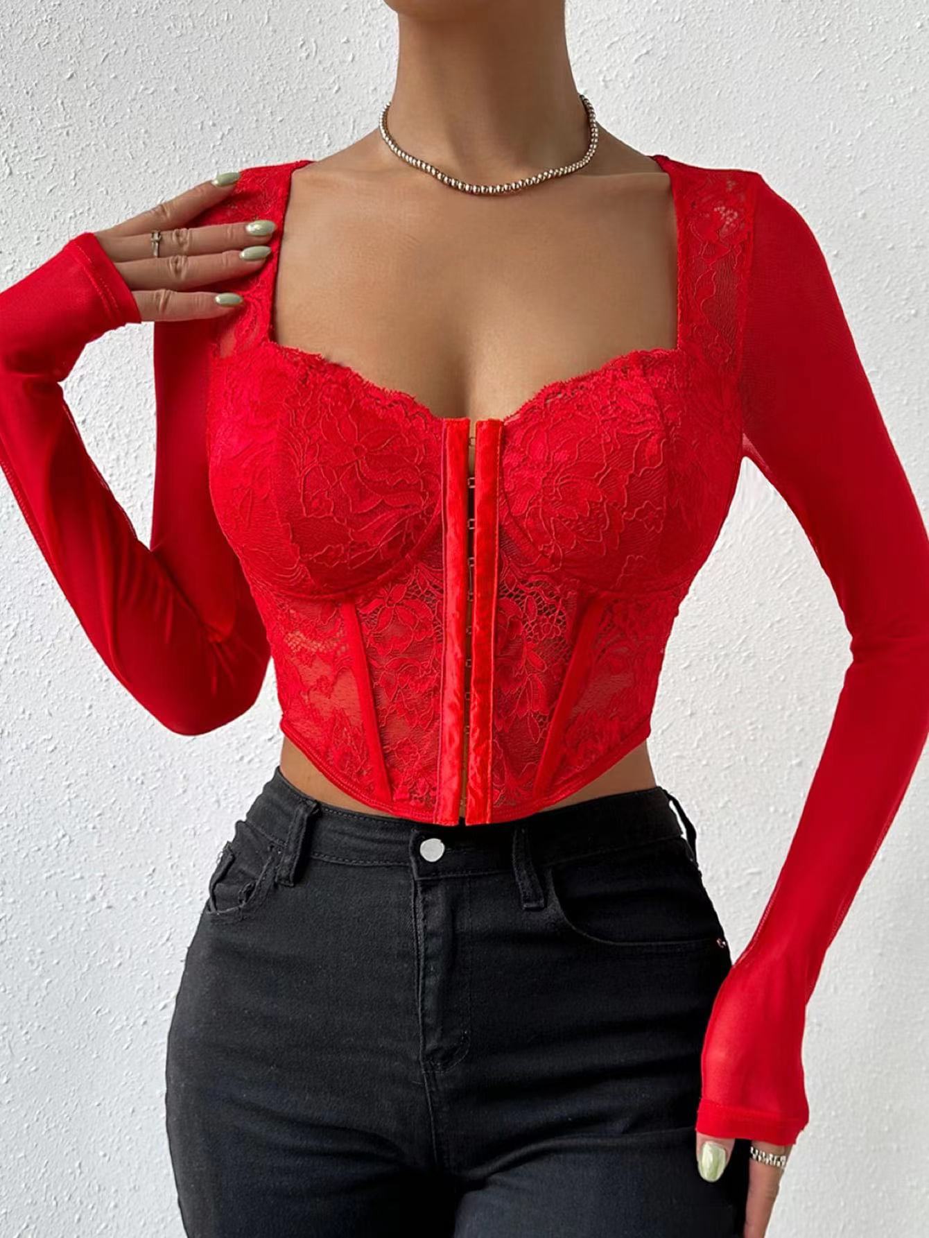 Comercio exterior transfronterizo primavera y otoño nuevo estilo sexy encaje de malla perspectiva hueso de pescado delgado cuello cuadrado camisa de manga larga image 9