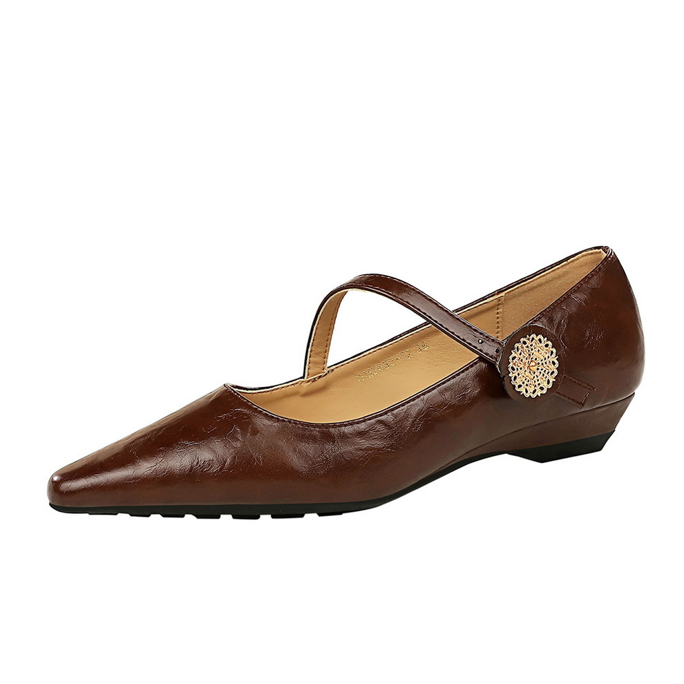 3683-5K92 Vintage Elegant Fashion Women's Shoes Shallow Pointed Toe Wedge Heel Strap Single Shoe With Round Metal_vogvips.com