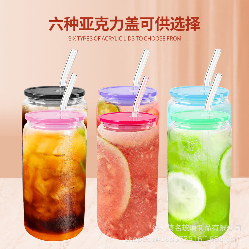 Vaso de vidrio de borosilicato transparente de Amazon transfronterizo con tapa de bambú taza de jugo de una sola capa con vidrio de paja 16oz taza de coco