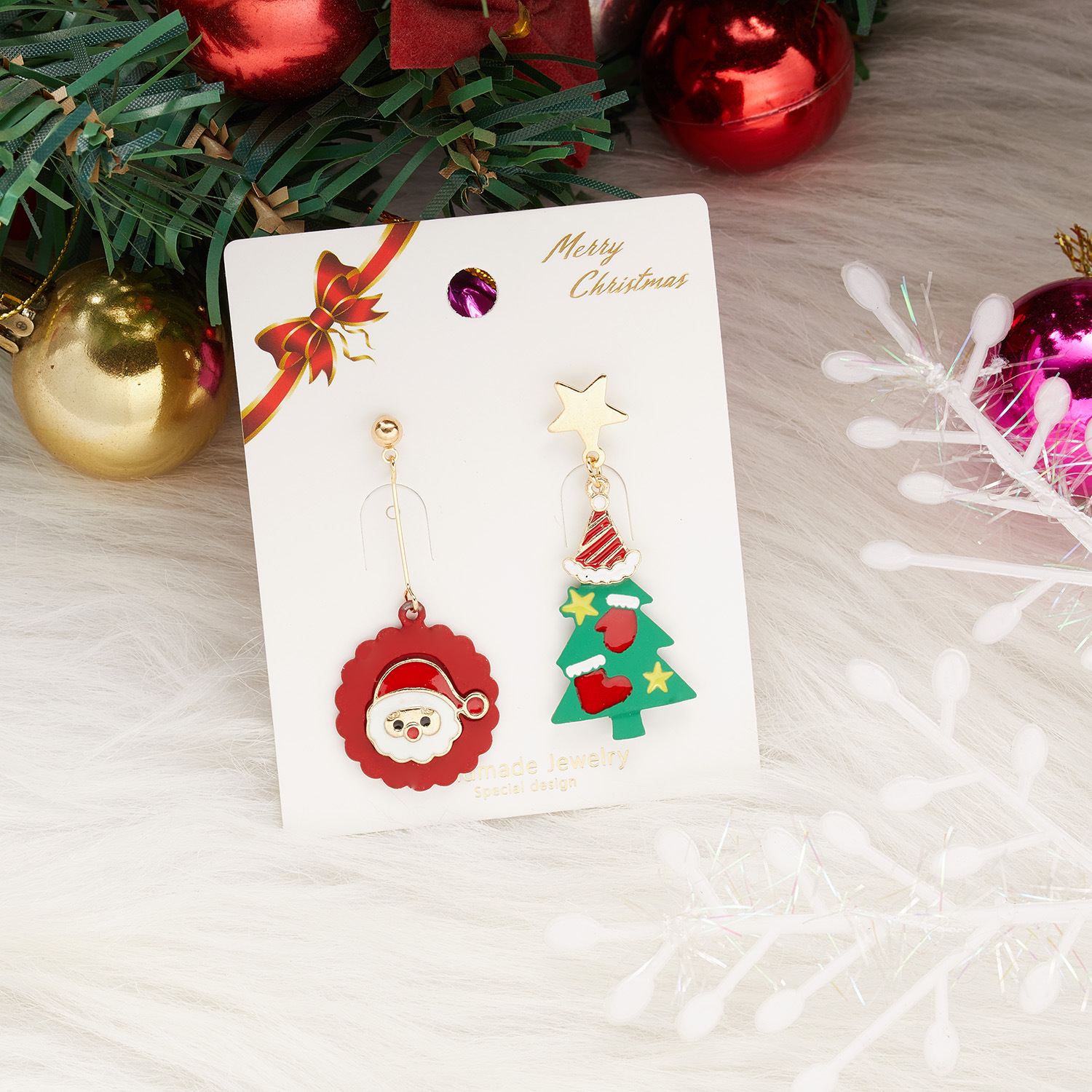 Fashion Soft Pottery Santa Claus Christmas Tree Earrings Asymmetric Stud Earrings Factory Outlet
